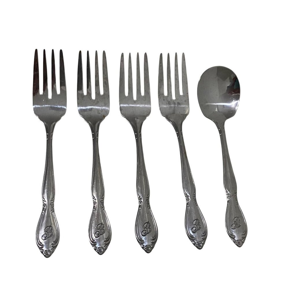 Vintage Monogram B Stainless‎ Steel Taiwan 5 Pieces Salad Forks Sugar Spoon